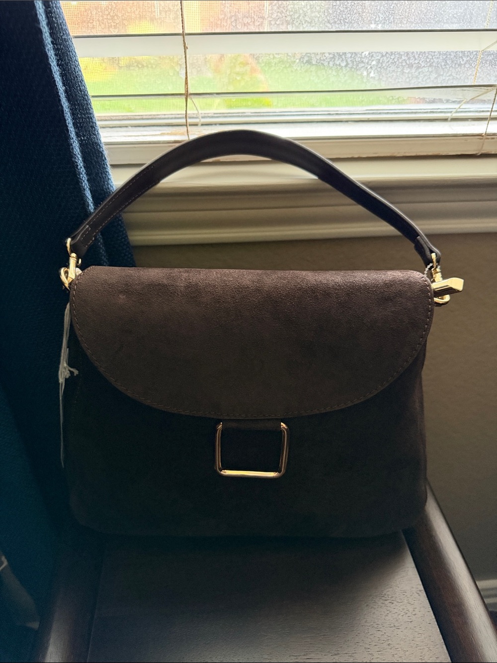 Chocolate Brown Suede Shoulder Bag with Gold Accent